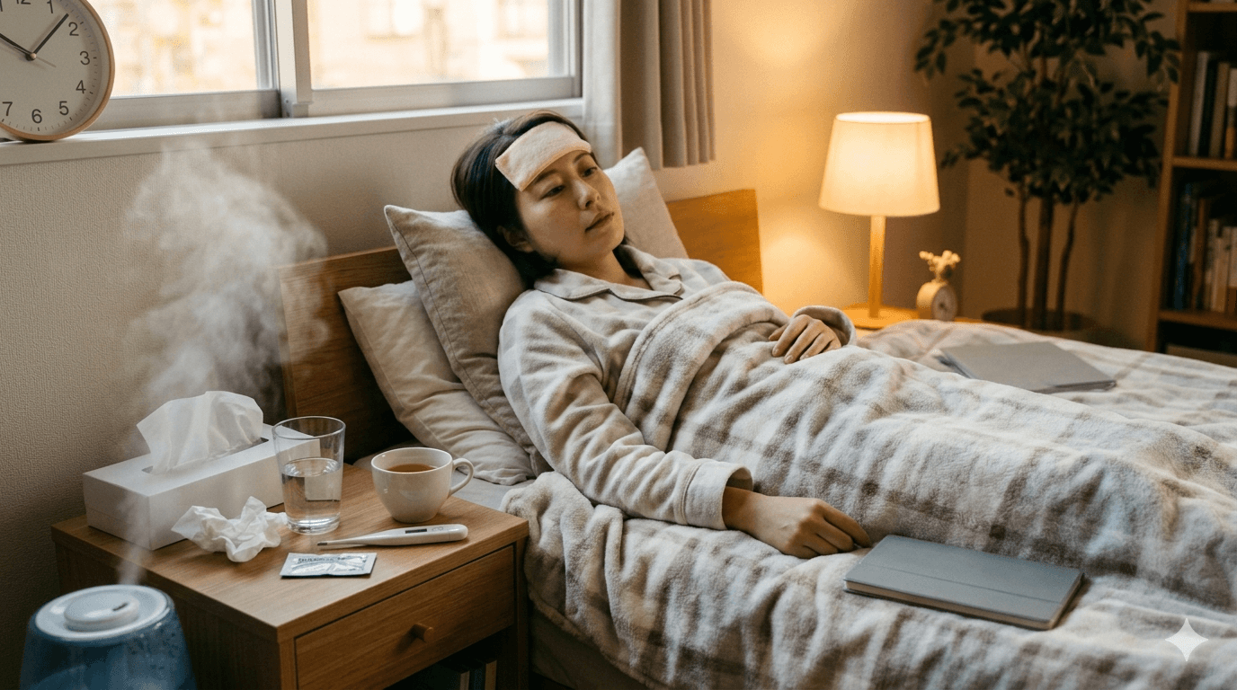 風邪やインフルエンザの自宅ケアとして水分や寝具を整えている様子