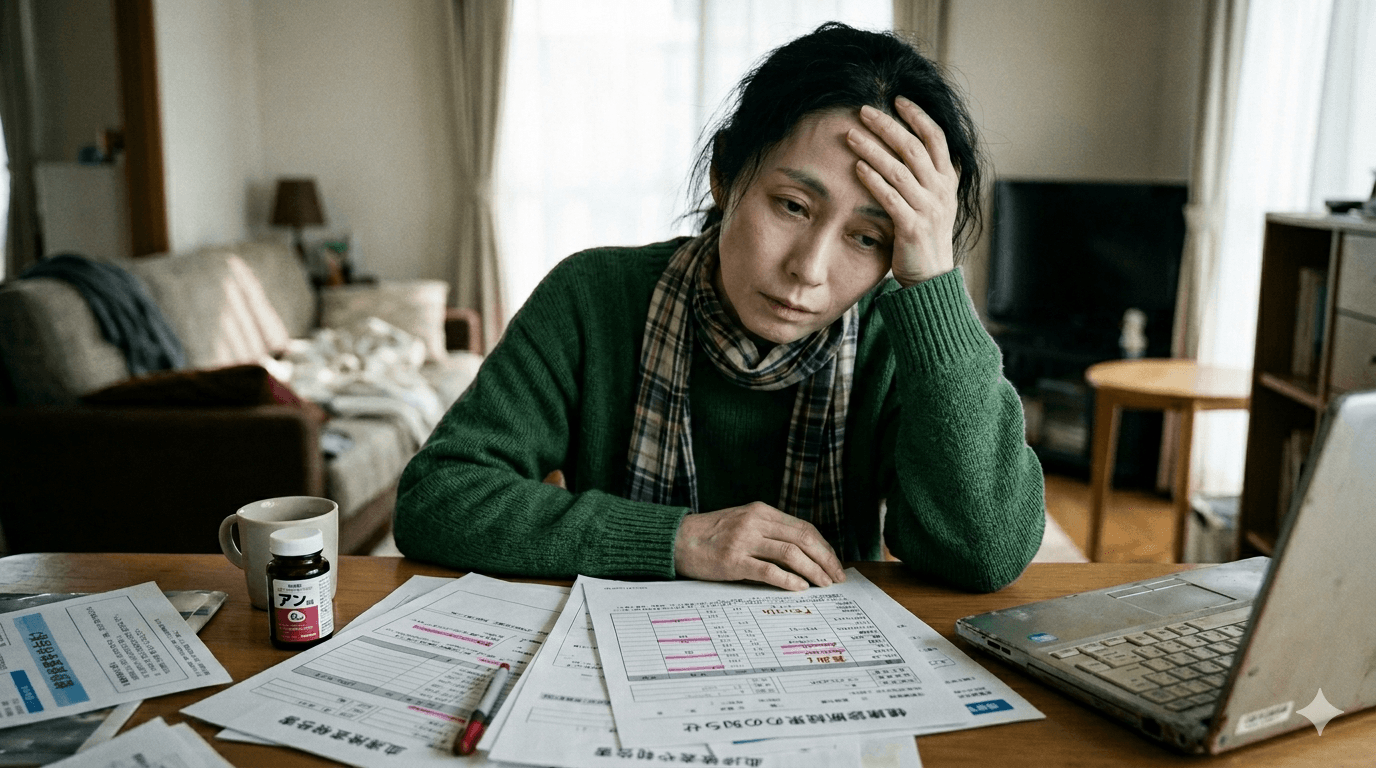 健診結果を見ながら強いだるさに悩んでいるやせた人物