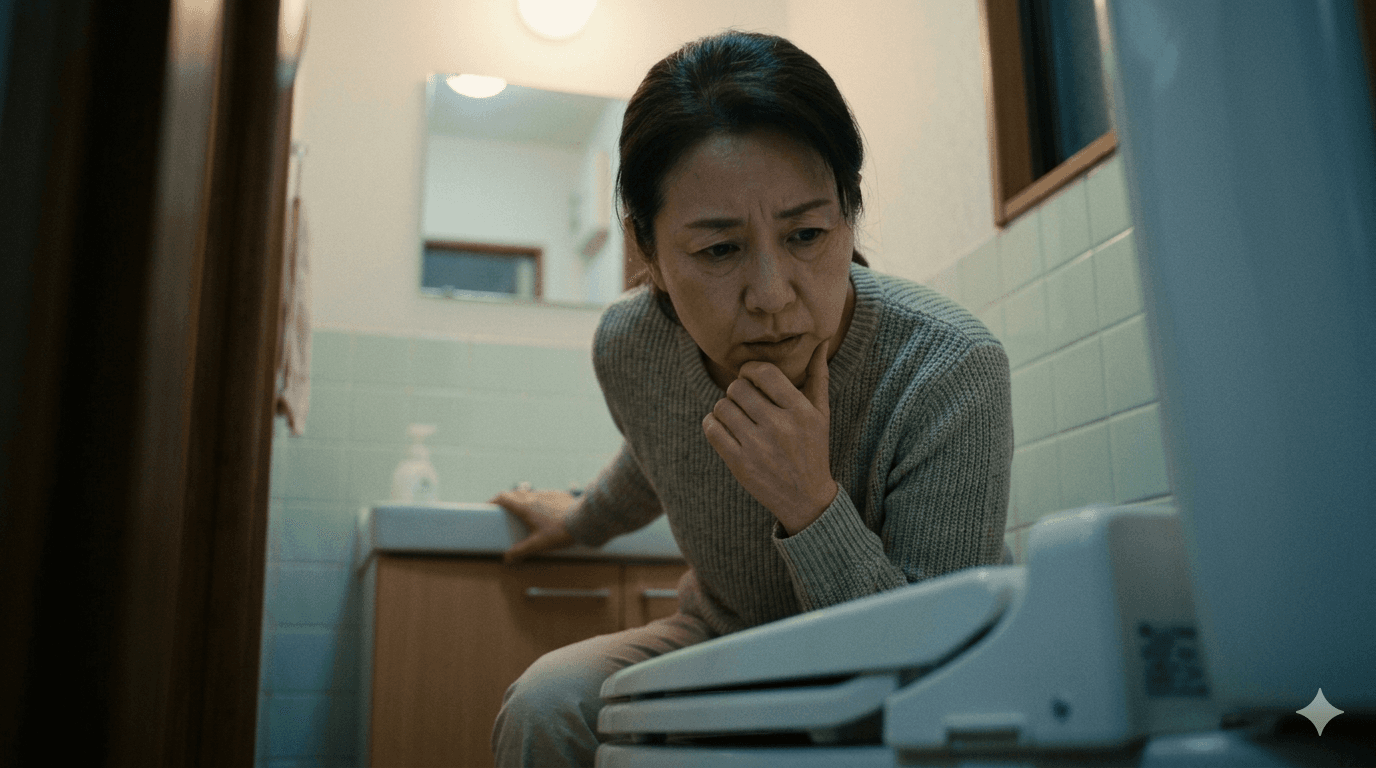 トイレのあとに便の様子を不安そうに確認している人物