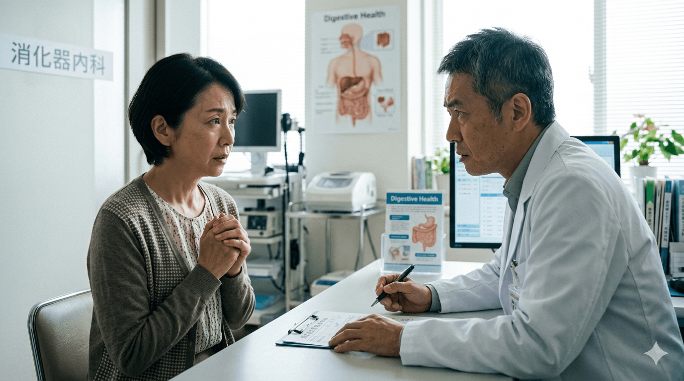 便通の変化に不安を感じて医師へ相談している人物