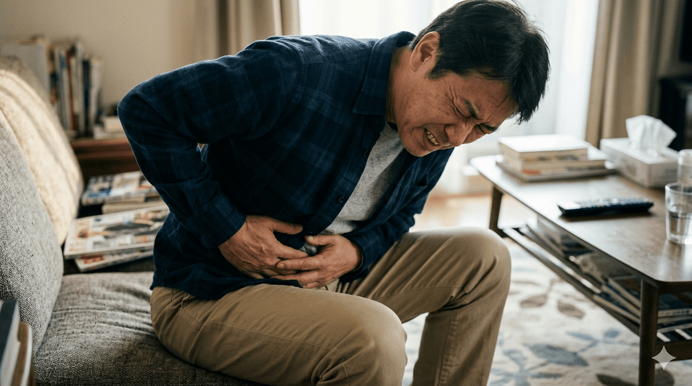腹部膨満と痛みでお腹を押さえて前かがみになっている人物