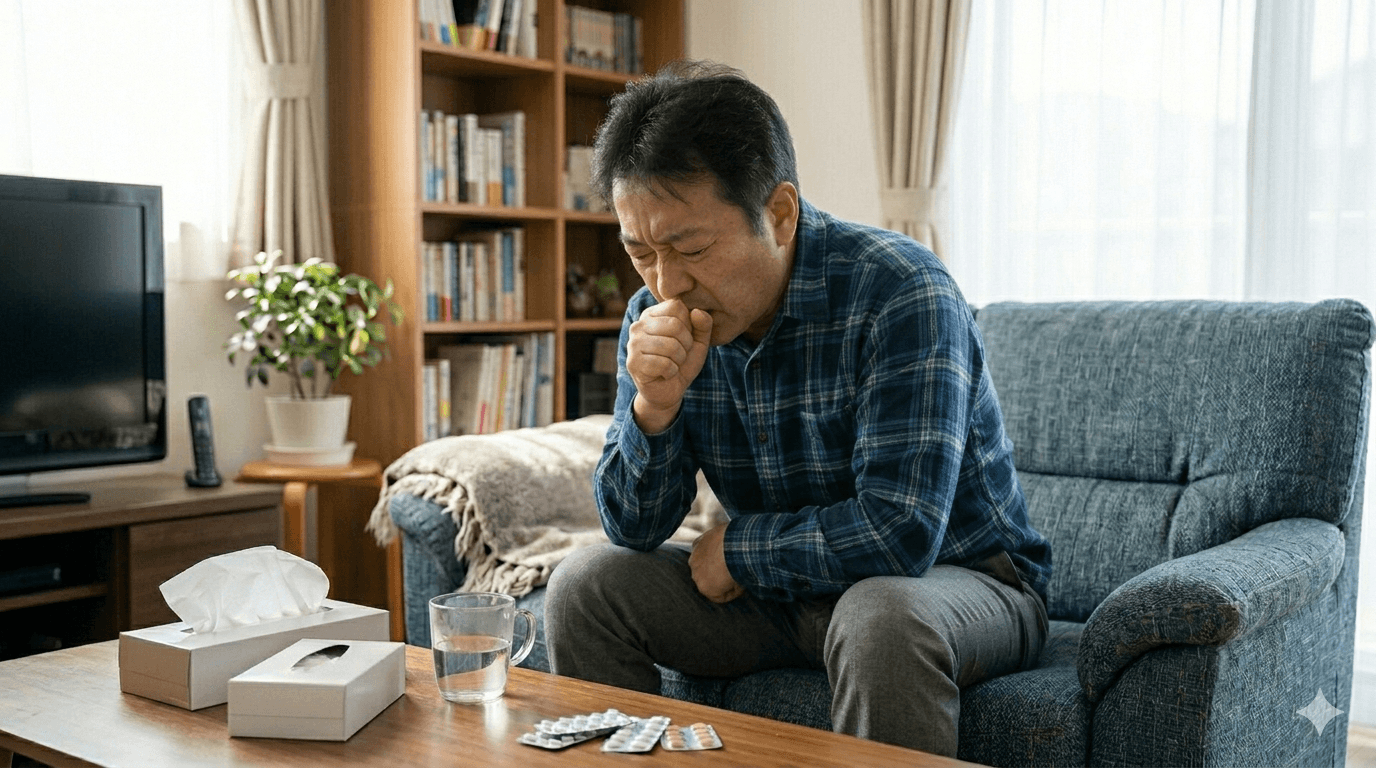 咳き込みが続いているときのつらさが伝わる人物の様子