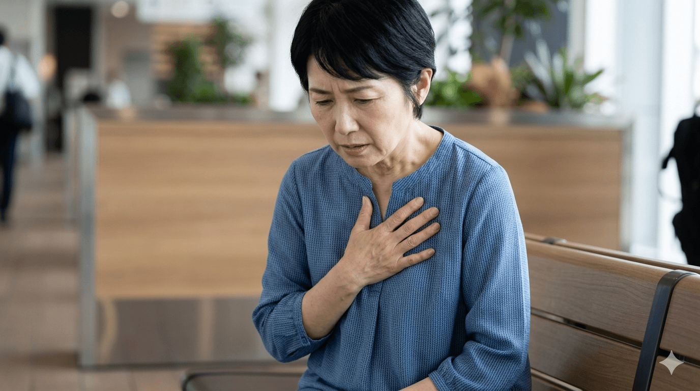 息苦しさと胸の苦しさで胸を押さえている人物の写真