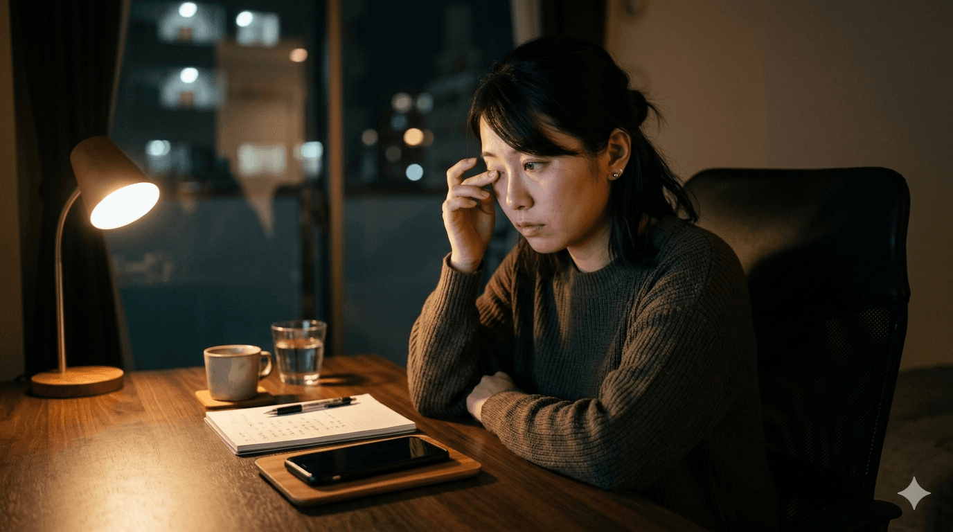 夜のデスクでスマートフォンを置きまぶたの違和感を気にしている日本人の人物