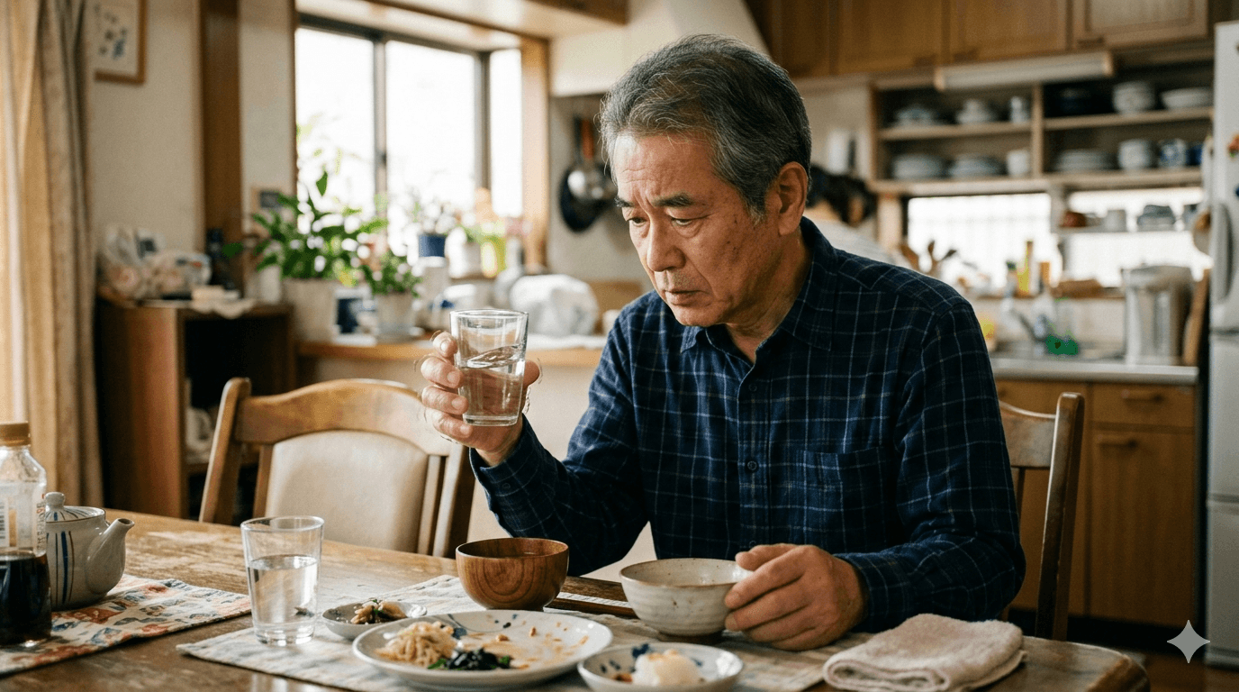 食卓でコップを持つ手の震えに不安を感じている日本人の人物