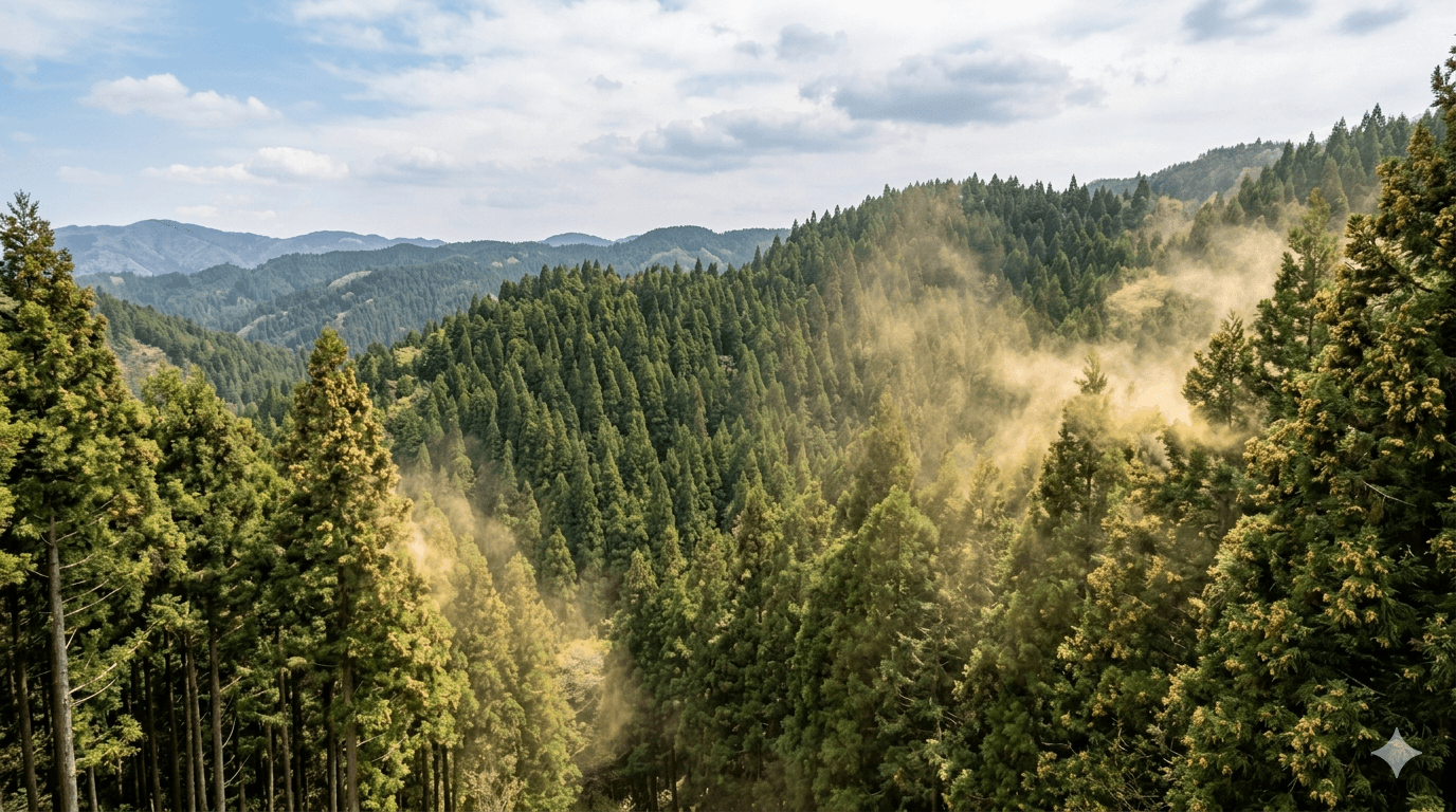 花粉が飛ぶ季節の杉林の様子