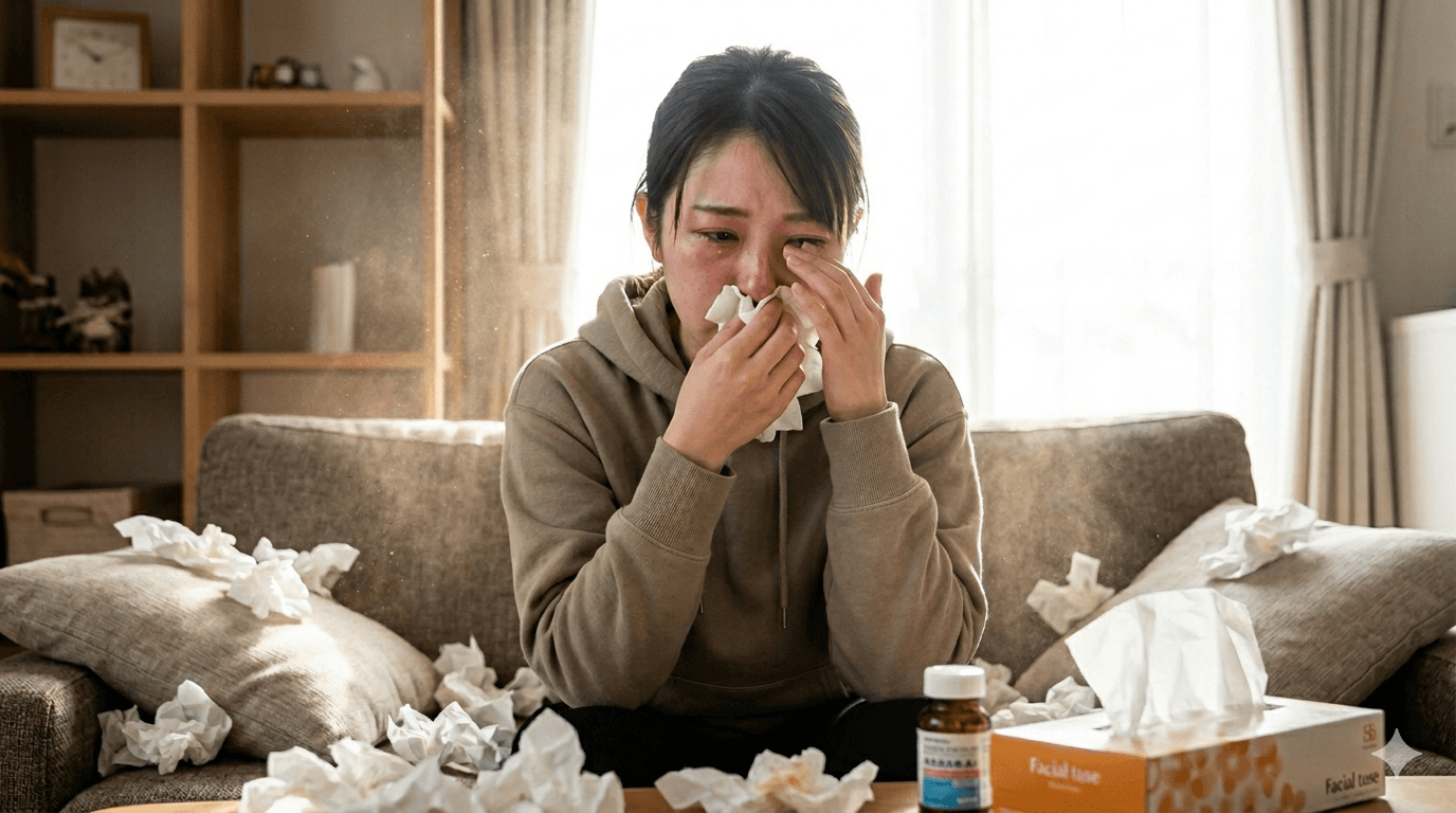 ティッシュと目鼻のかゆみでつらそうにしている花粉症のイメージ