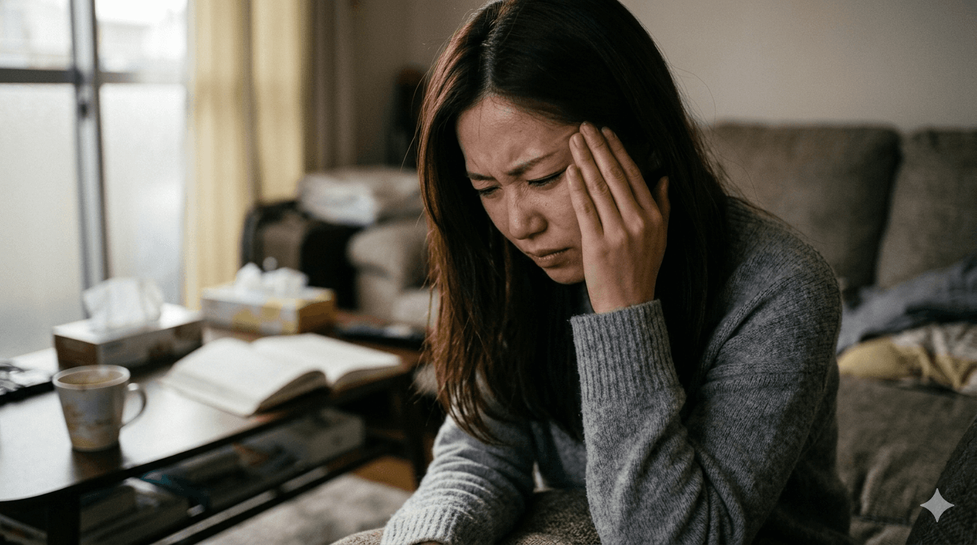 こめかみを押さえて頭痛に苦しむ人物の写真