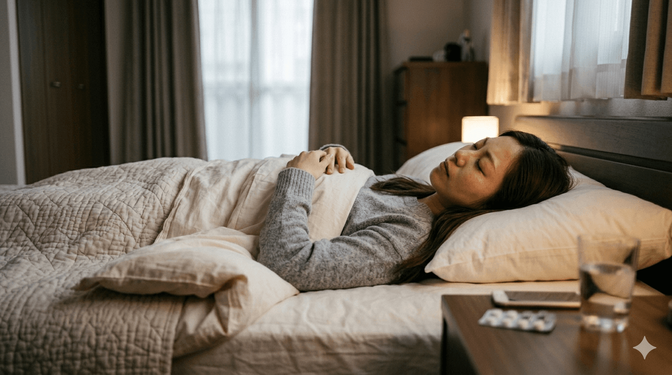 ベッドで横になりながら頭痛や吐き気に耐えている場面の写真