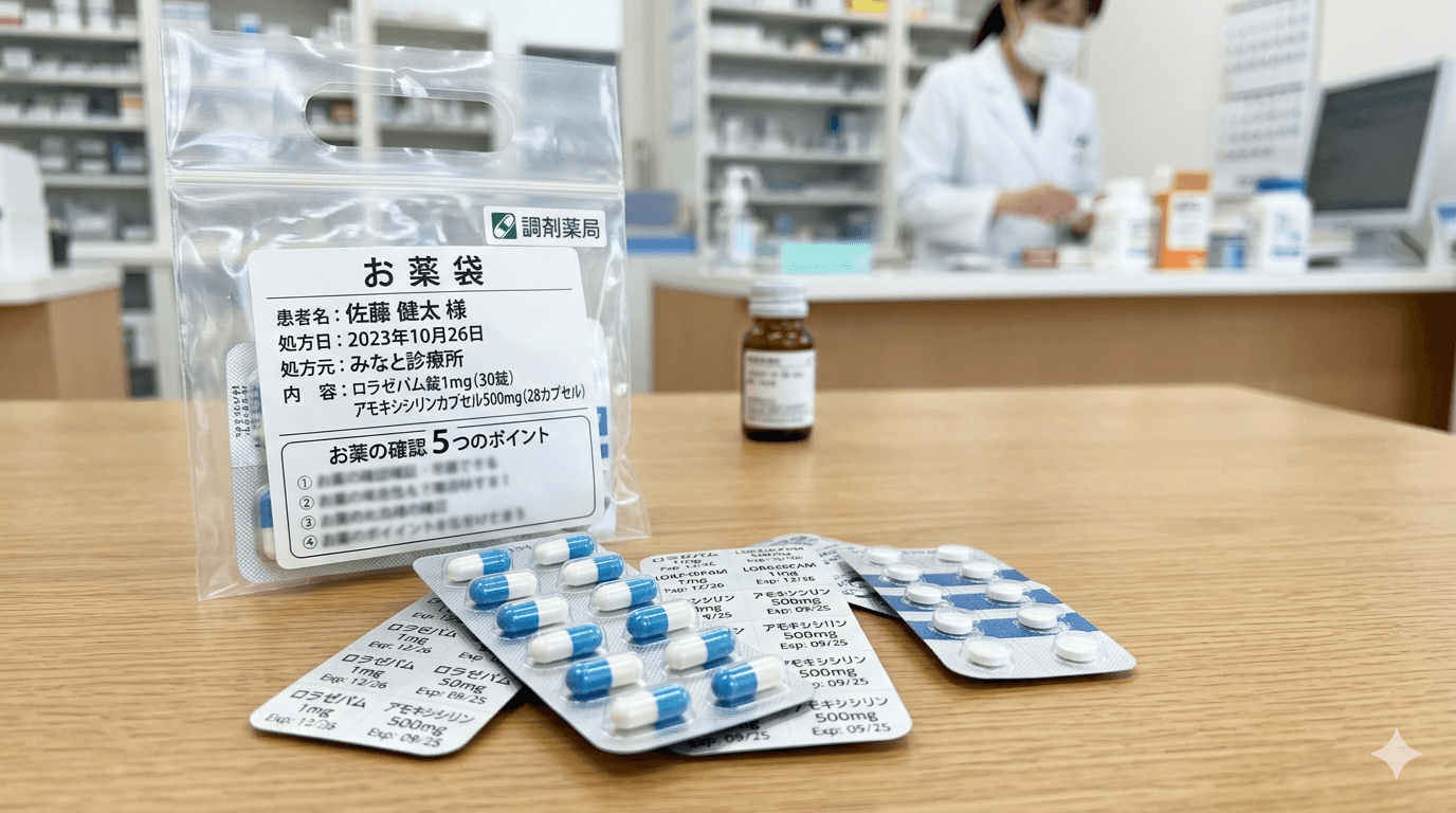 薬シートと薬袋を机に並べた写真