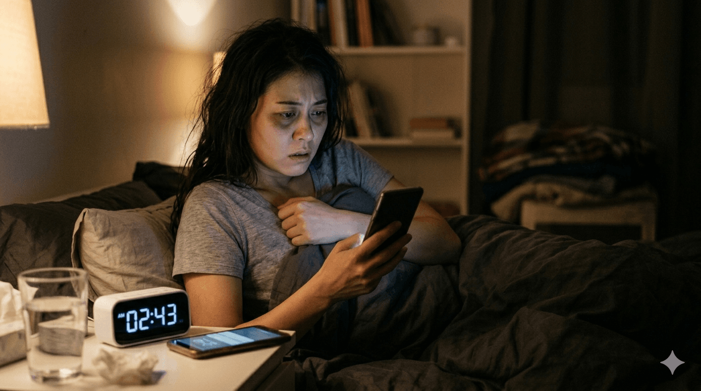 眠る前に明日のことを心配してスマホや時計を見つめながら緊張している人