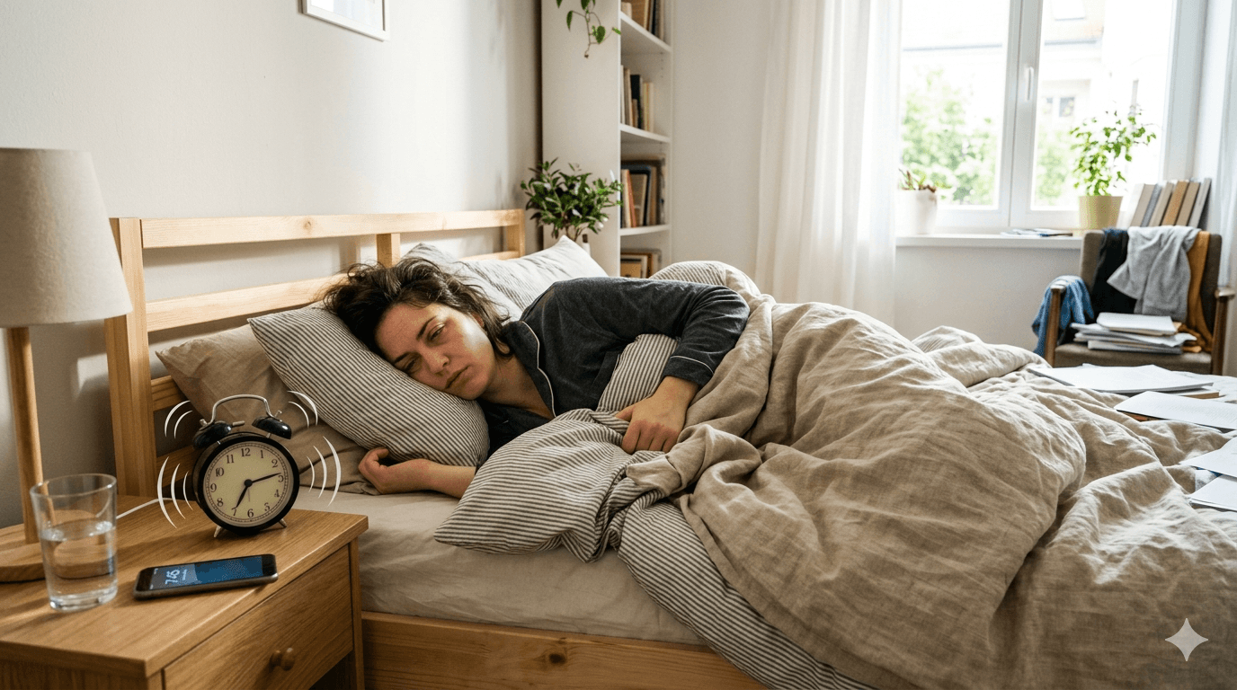 朝の光が入る部屋で目覚ましが鳴っても起き上がれず布団に残っている人