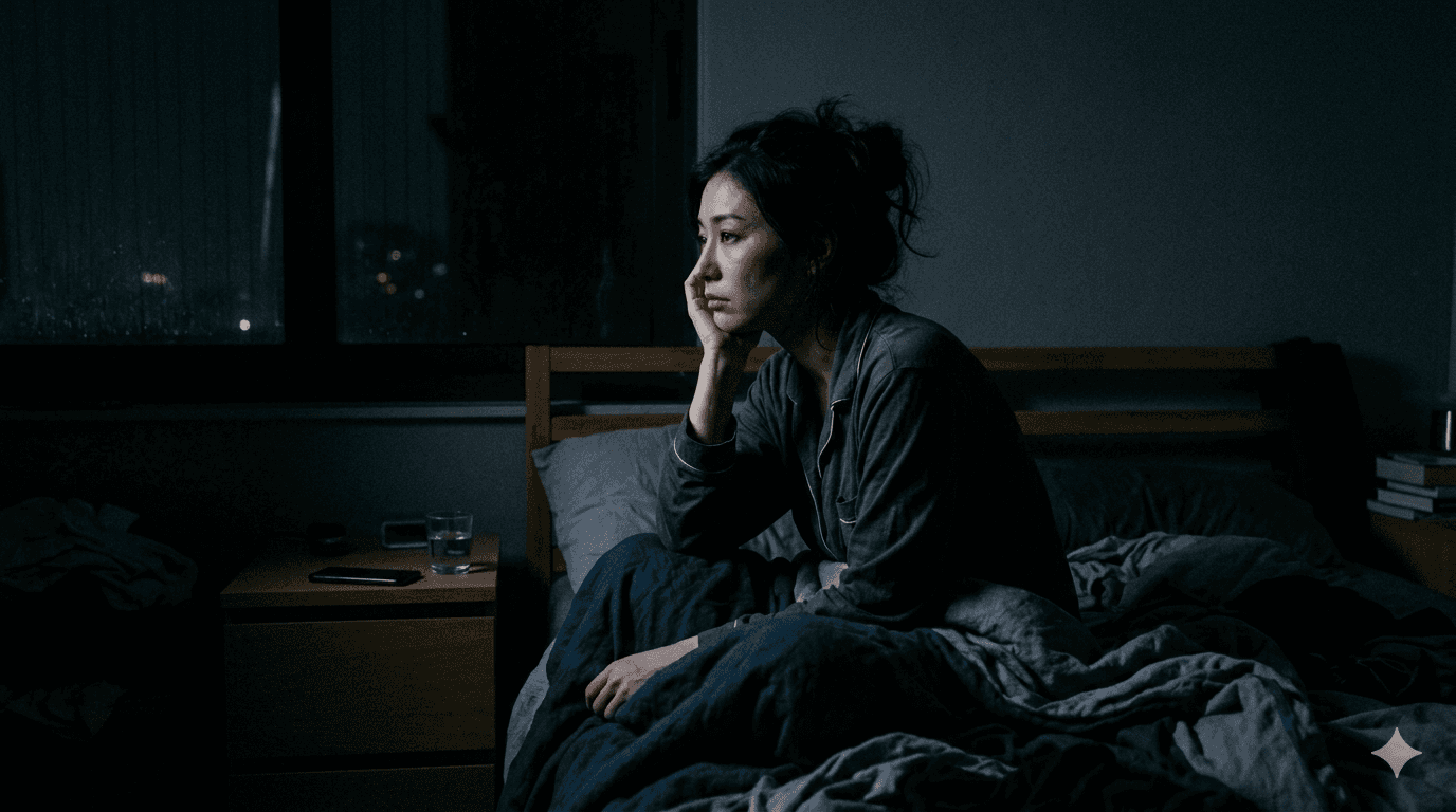 夜に眠れず暗い部屋で静かに考え込んでいる人の横顔