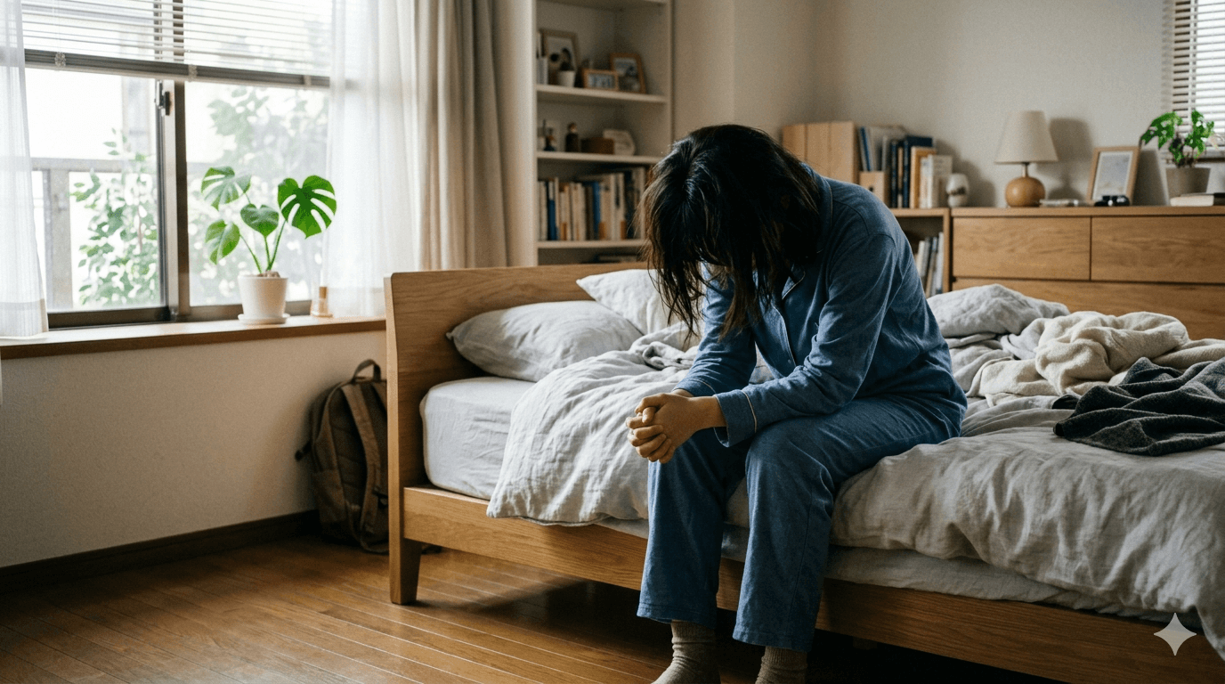 朝の光が入る部屋で起き上がれずにベッドへ座ってうつむいている人