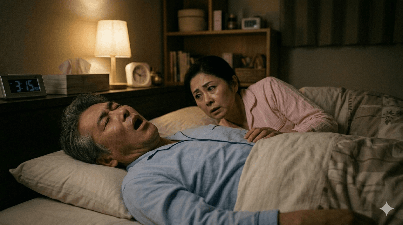 いびきをかきながら苦しそうに眠る人と、隣で様子を気にしているパートナー