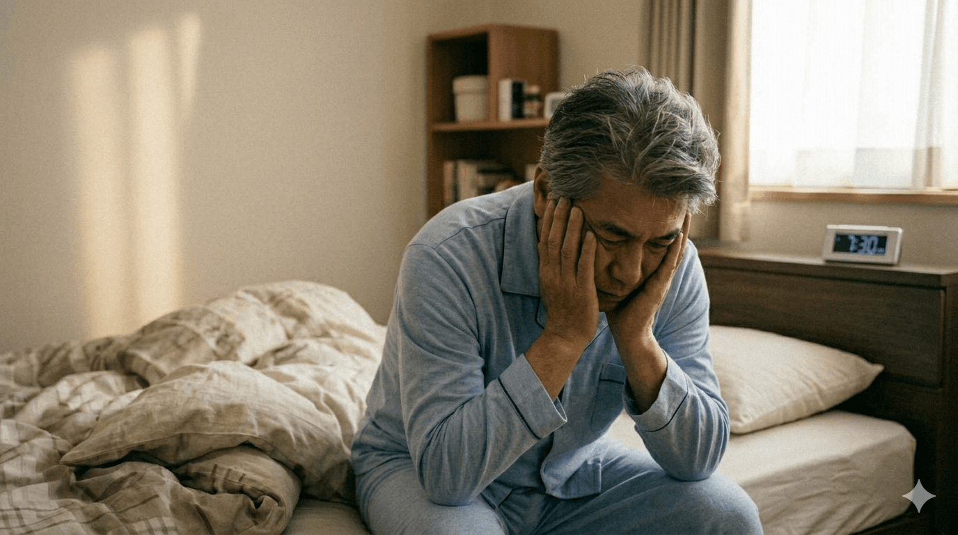 朝の寝室で強い眠気とだるさが残っている人がベッドに座っている様子