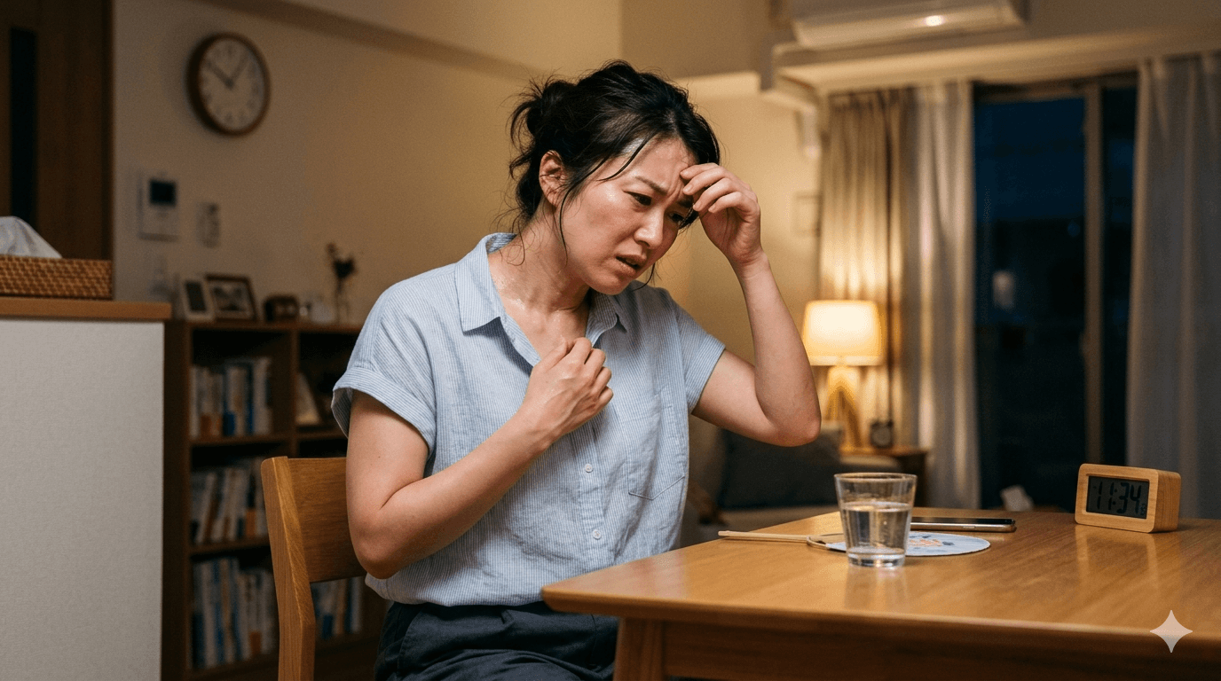 暑さを感じて首元を気にしながら動悸で落ち着かない様子の人