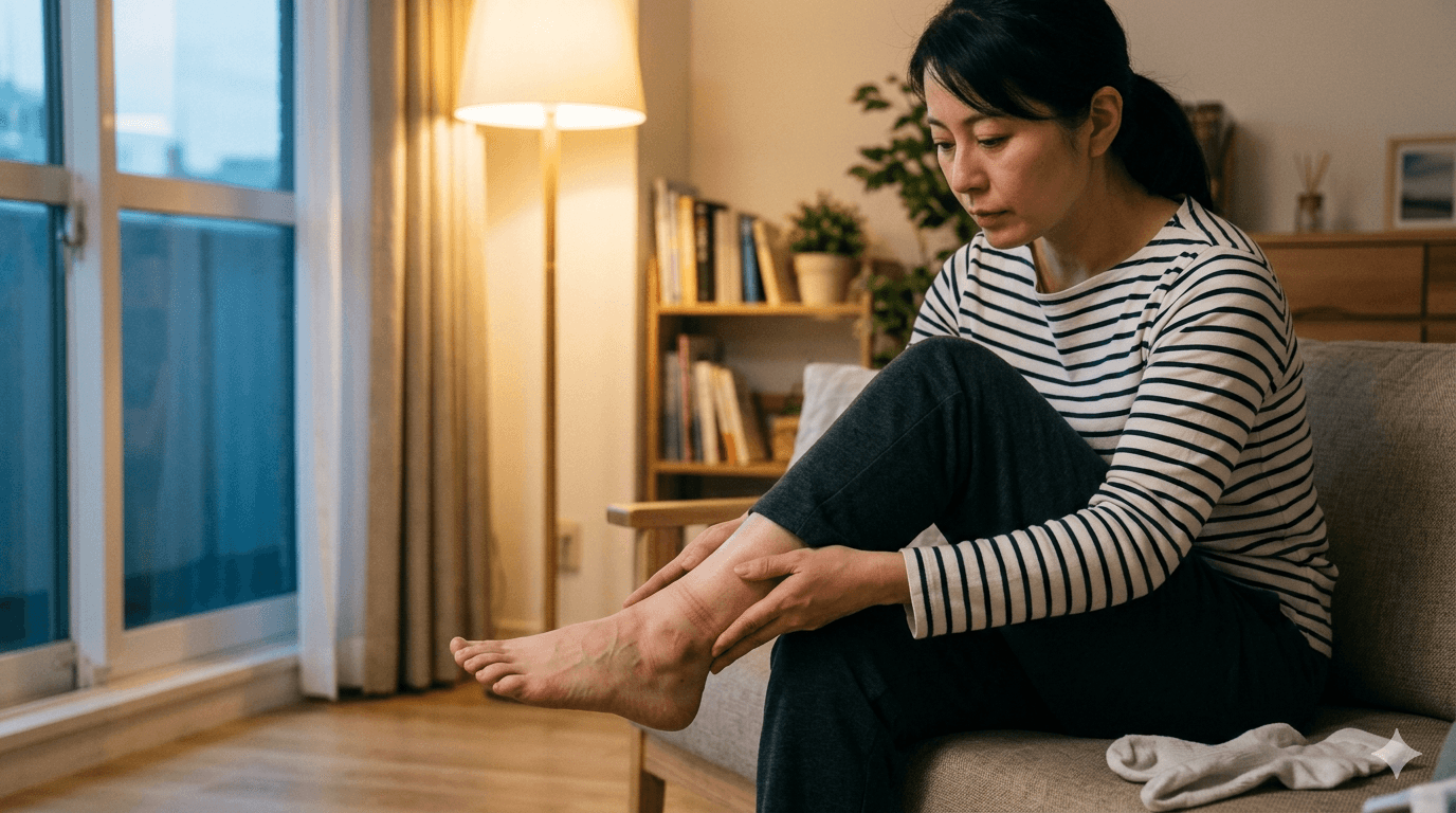 夕方の部屋で靴下の跡が残った足首を確認している日本人の人物