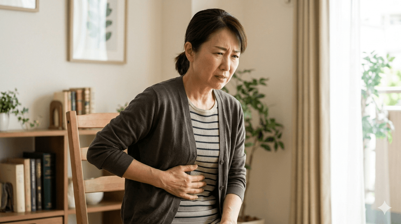 右上腹部を押さえながら、しこりのような違和感と痛みに不安を感じている人物