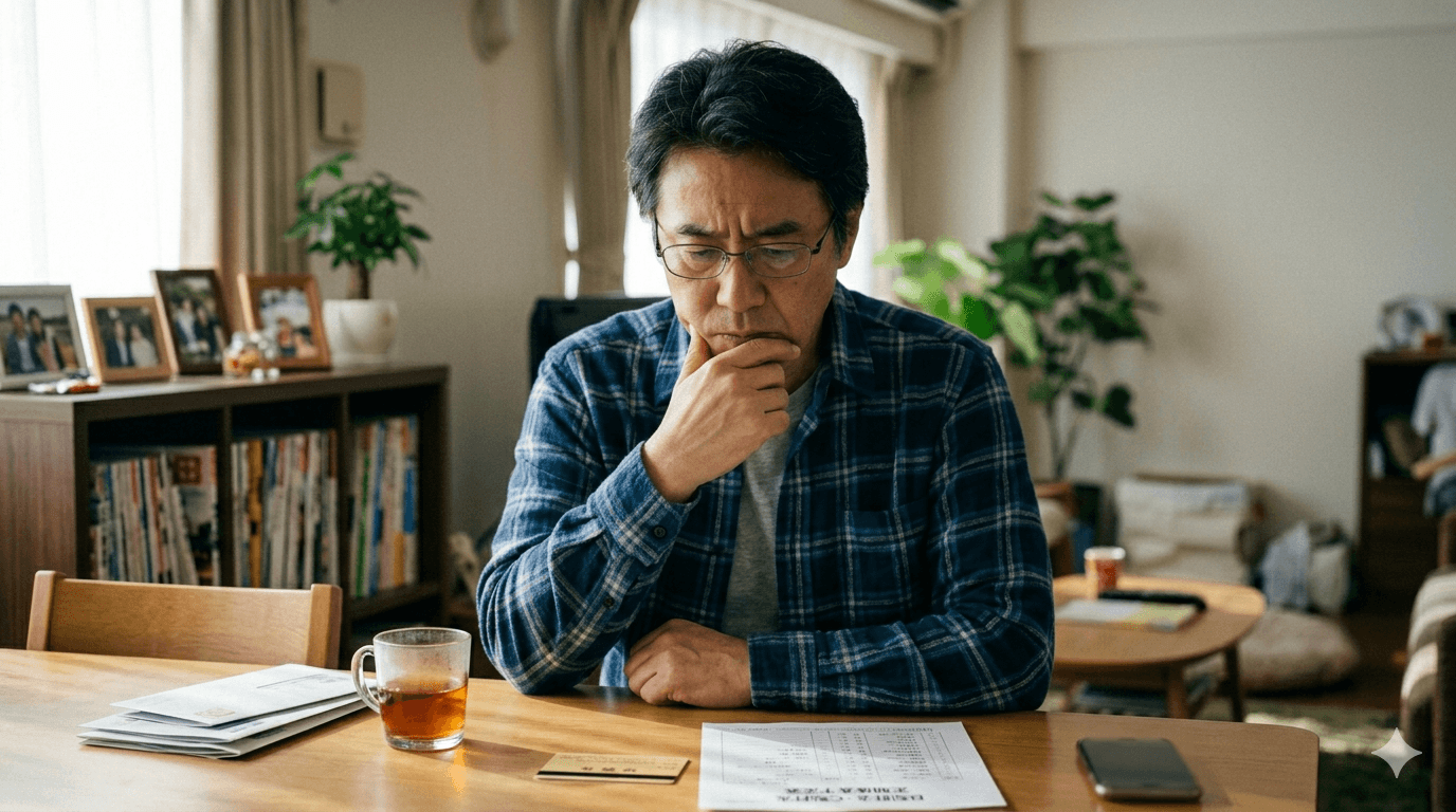 診察券や検査予定表を見ながら定期検査の必要性を考えている人物