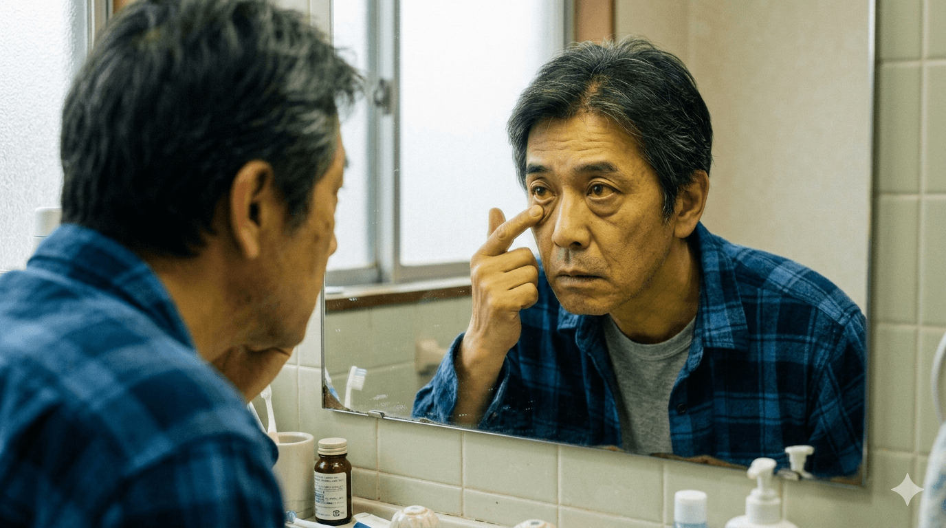 鏡の前で白目や肌の黄色さに気づき、強いだるさを感じている人物