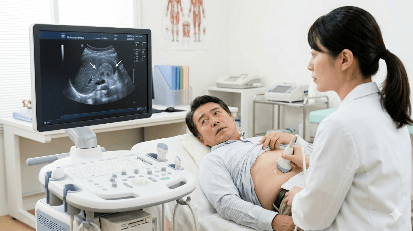 腹部エコーの検査を受けながら肝臓のしこりについて確認している人物