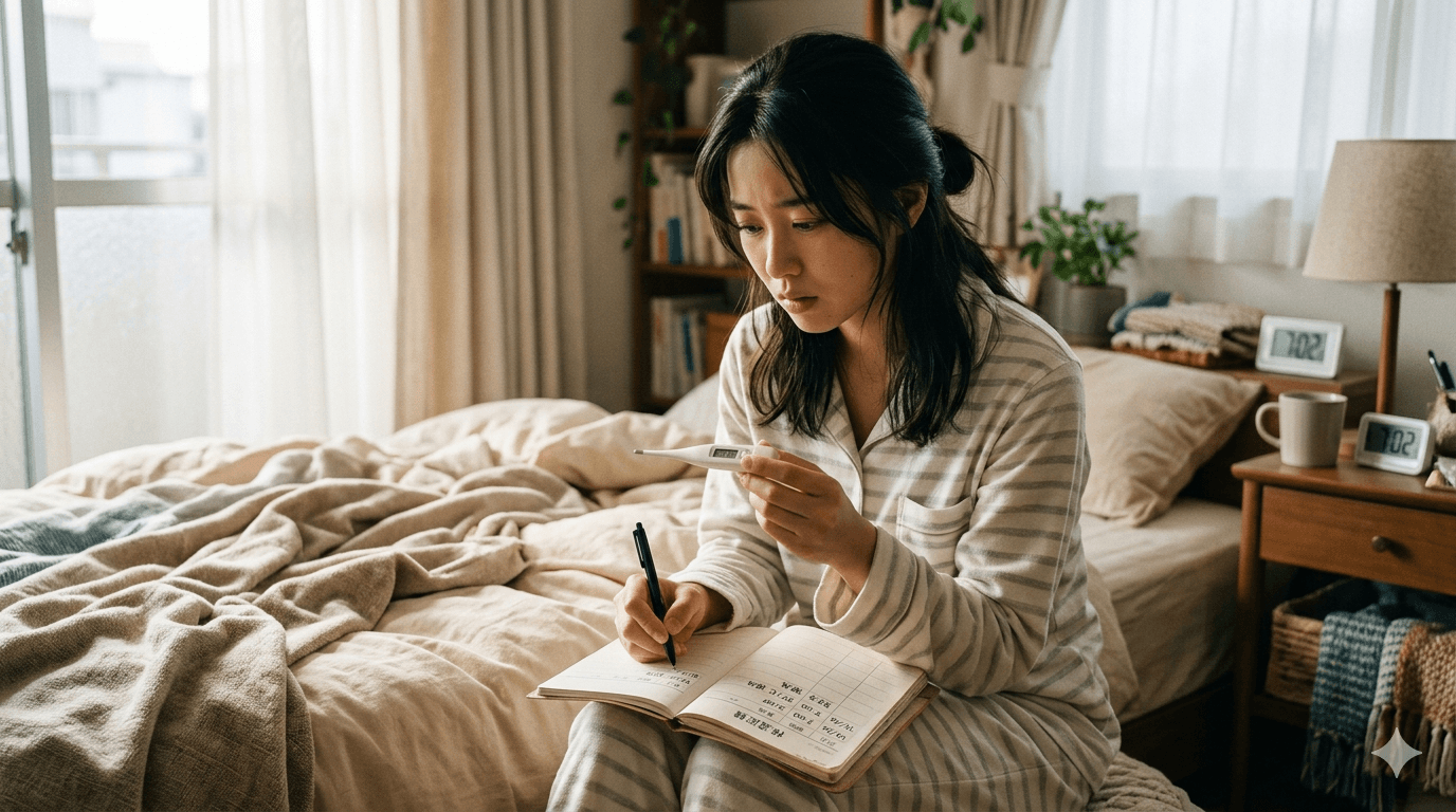 朝の寝室で体温計を確認しながら体温を記録している日本人の人物