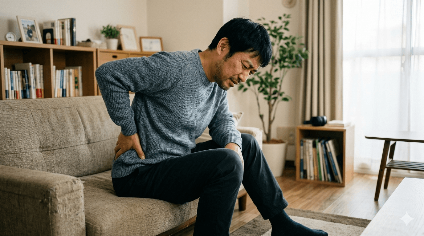 腰を押さえてつらそうにしている人物の様子