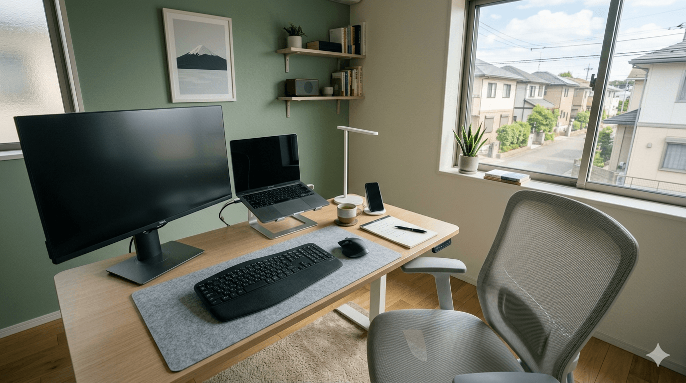 腰に負担がかかりやすいデスクワーク環境のイメージ