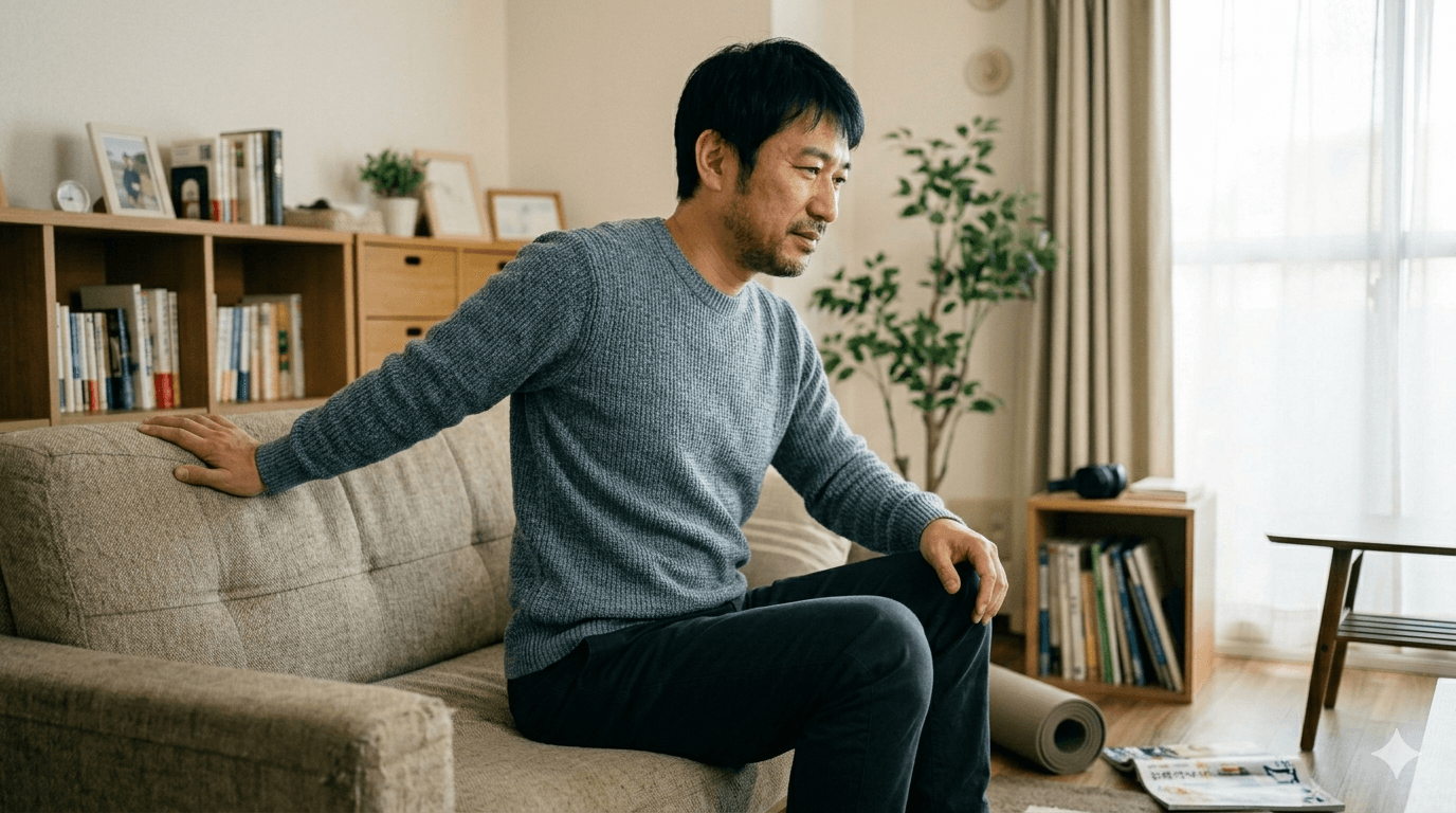 腰痛のセルフケアとして軽いストレッチをしている様子