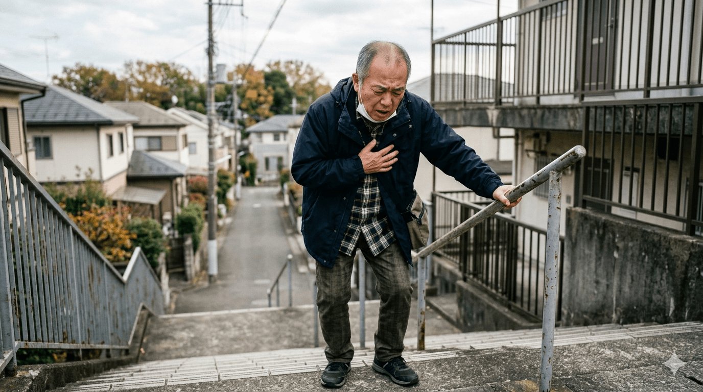 階段を上ったあとに胸の痛みと息切れで立ち止まり、呼吸を整えている人物