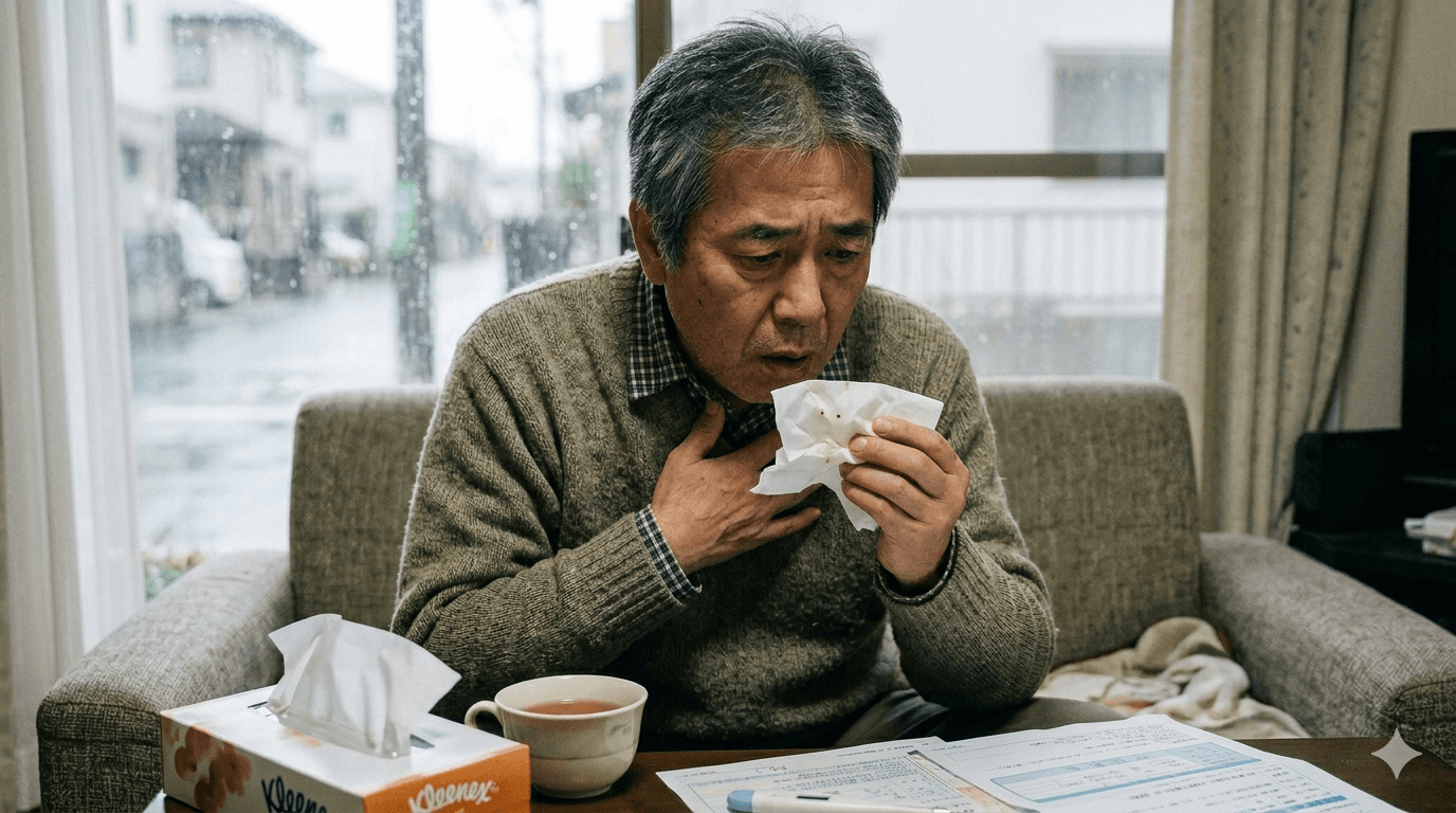 長引く咳と痰に悩み、ティッシュに混じった血を見て不安になっている人物