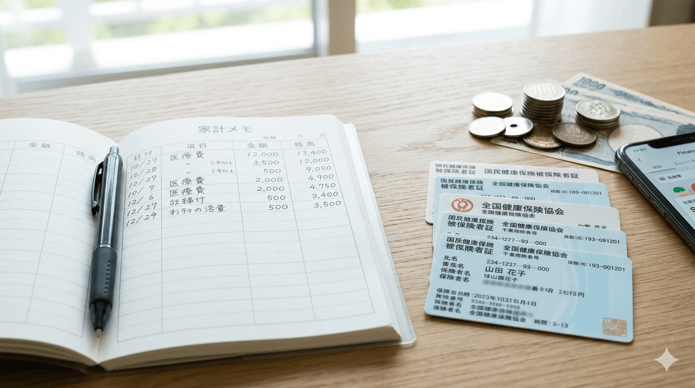 家計メモと保険証を机の上に置いた写真