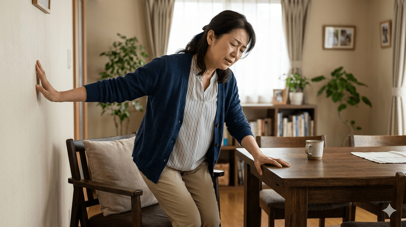 立ち上がったときにふらついて壁や机に手をついている更年期世代の女性