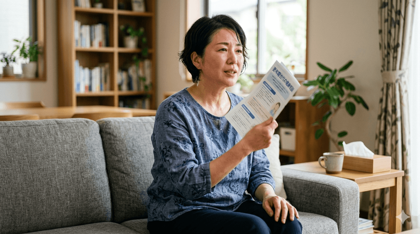急なのぼせと発汗で首元をあおいでいる更年期世代の女性