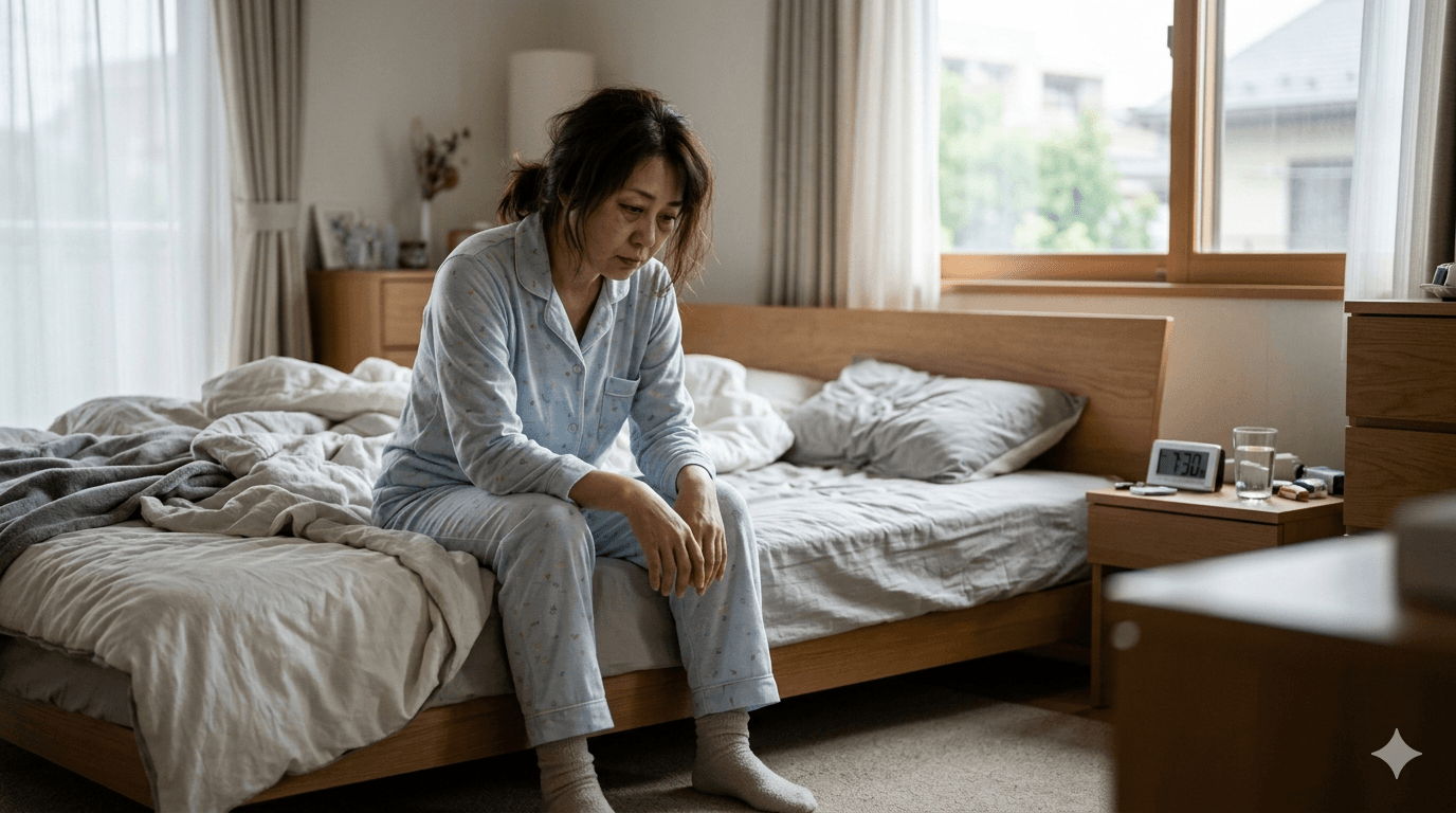 朝の寝室で眠気と疲労感が残ったままベッドに座っている女性