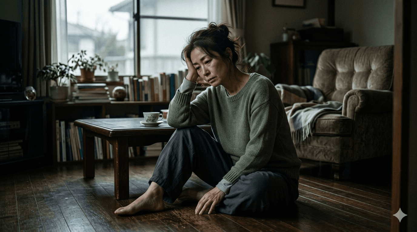 自宅で一人、気分の落ち込みと疲れで静かに座り込んでいる更年期世代の女性
