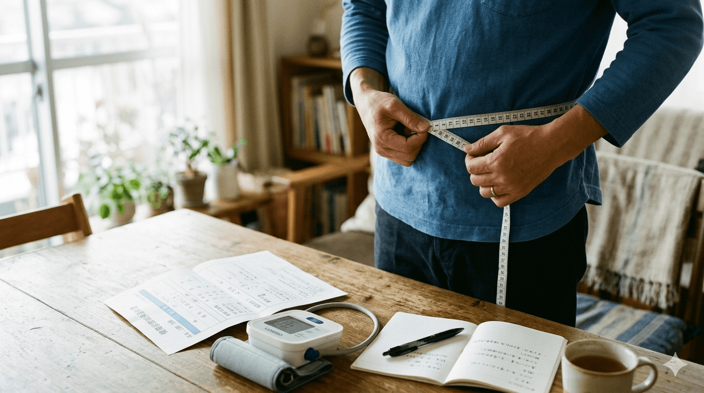 腹囲計測と健診結果を通してメタボリックシンドロームを説明する写真