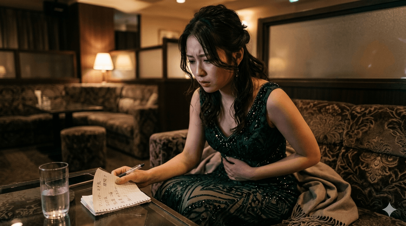 吐き気と腹痛で不安になり、薬のメモを手に受診を考えている人物