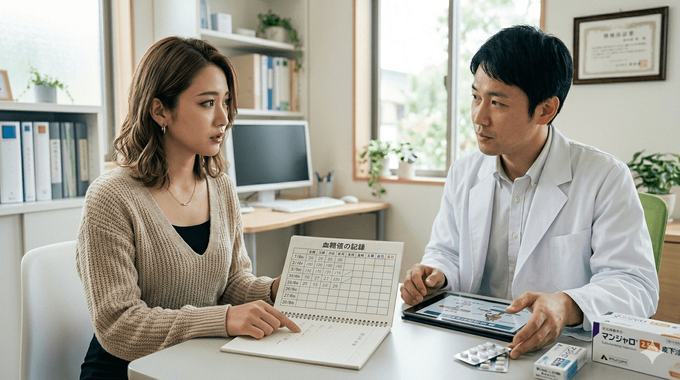 診察室で血糖値の記録を見ながら糖尿病薬について医師に相談している人物