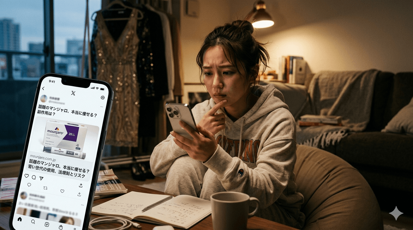 スマホで痩身薬の話題を見ながら、使うべきか迷っている若い人物