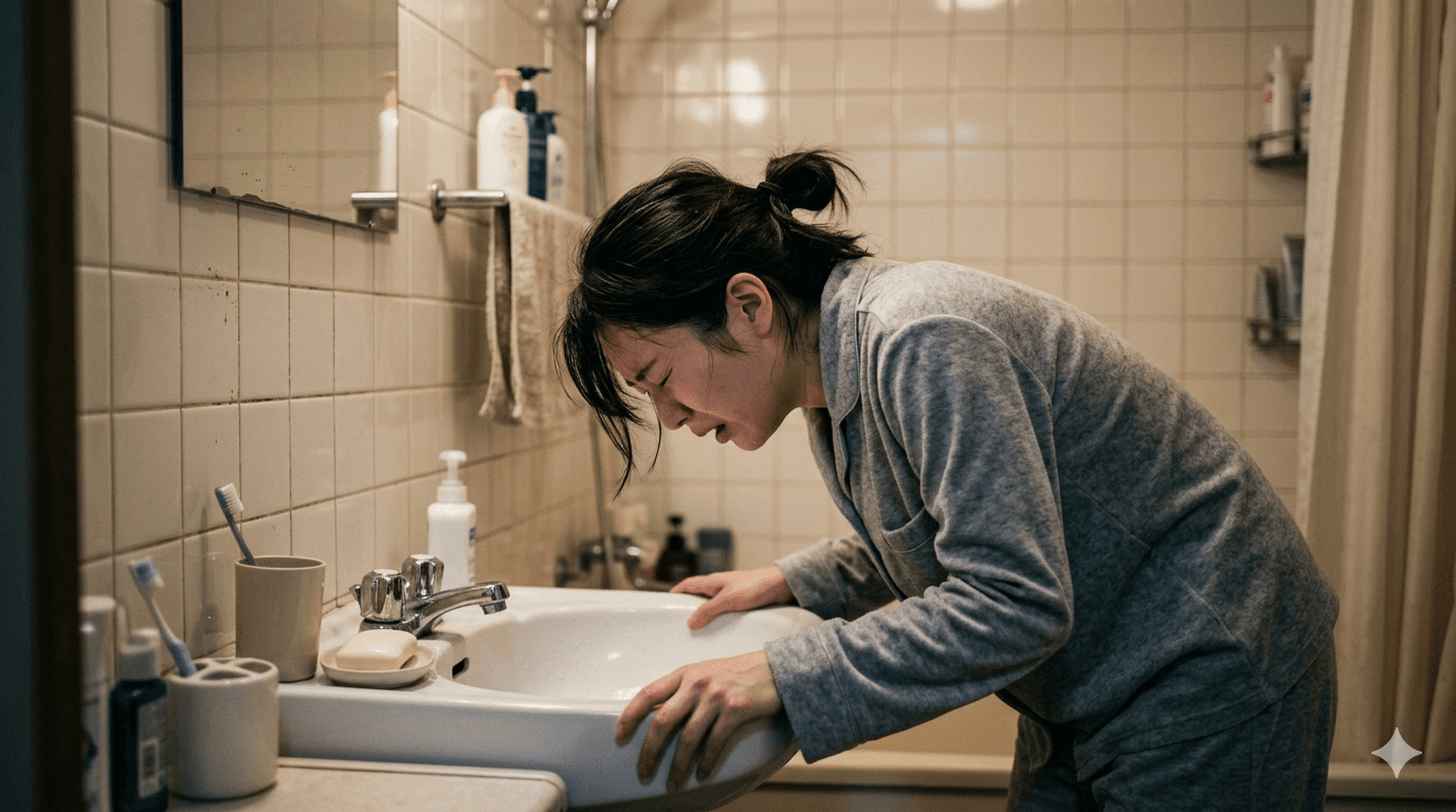 洗面所で吐きそうにつらそうな人物の様子
