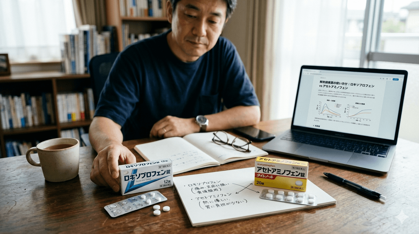 市販薬の箱や説明書を見比べながら薬の使い分けを考えている机上風景