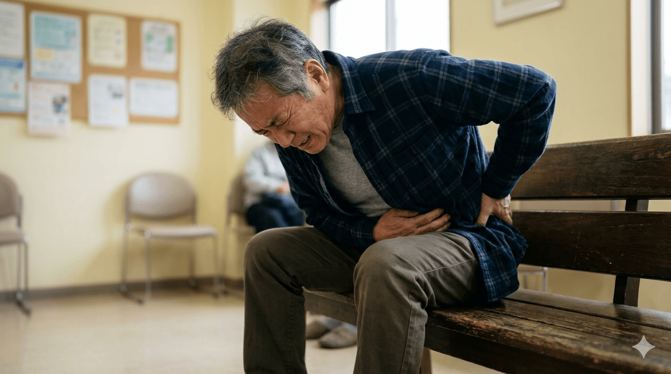 おなかから背中にかけて続く鈍い痛みに悩み、前かがみで座っている人物