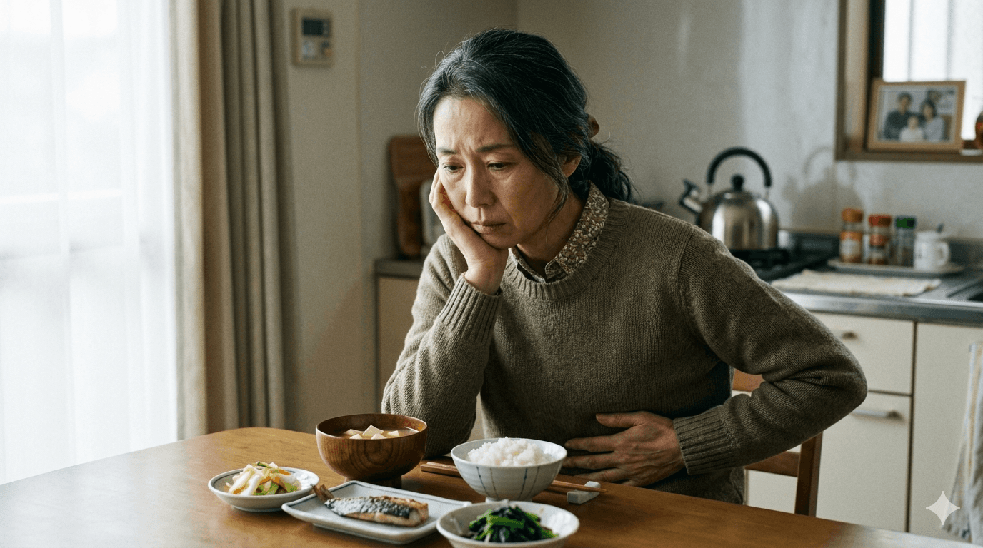 食事を前に食欲がわかず、おなかの張りと体重減少に不安を感じている人物