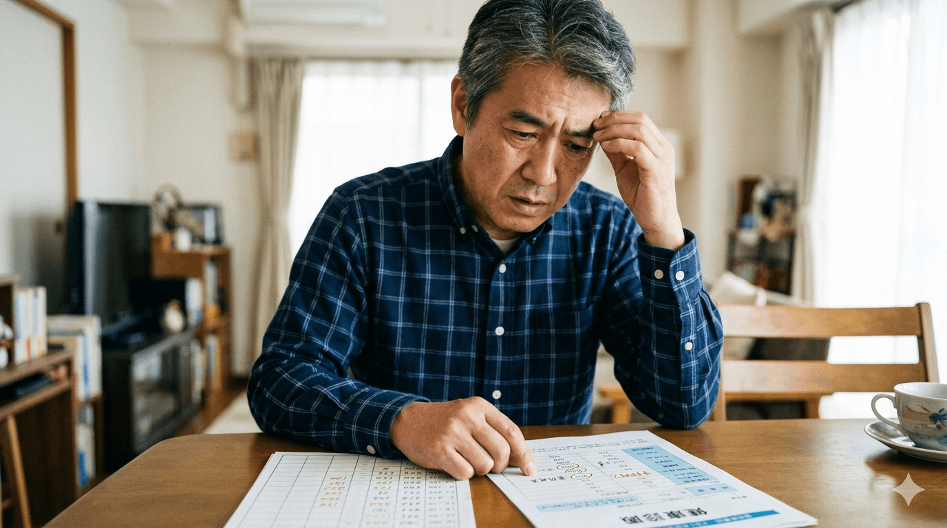 健診結果や血糖値の記録を見ながら、急な数値悪化に戸惑っている人物