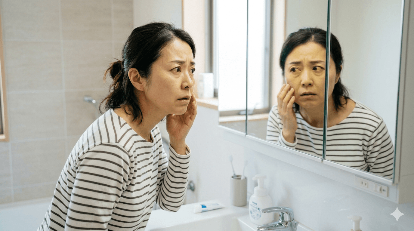 鏡を見て白目や肌の黄色さに気づき、不安な表情を浮かべている人物