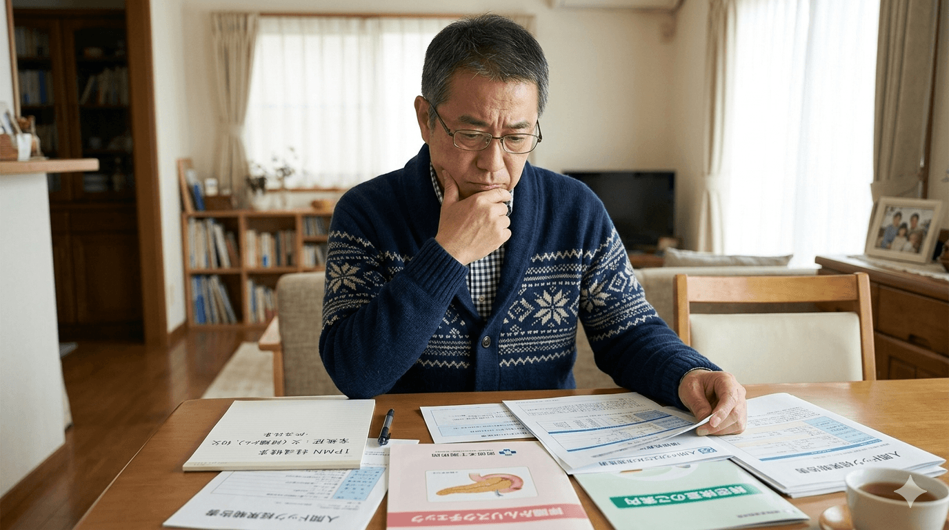 家族歴や人間ドックの資料を広げながら膵臓がんリスクについて考えている人物