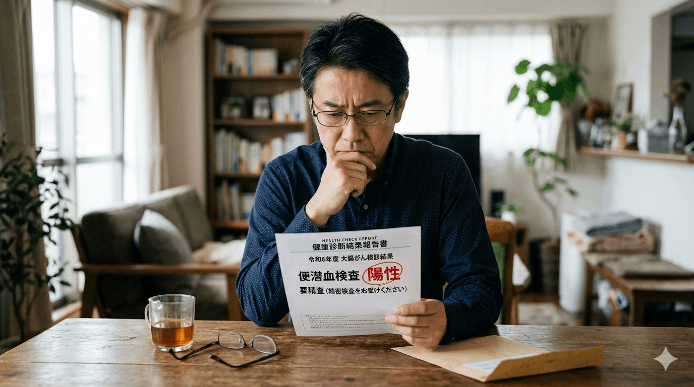 健診結果の便潜血陽性を見て次の対応を考えている人物