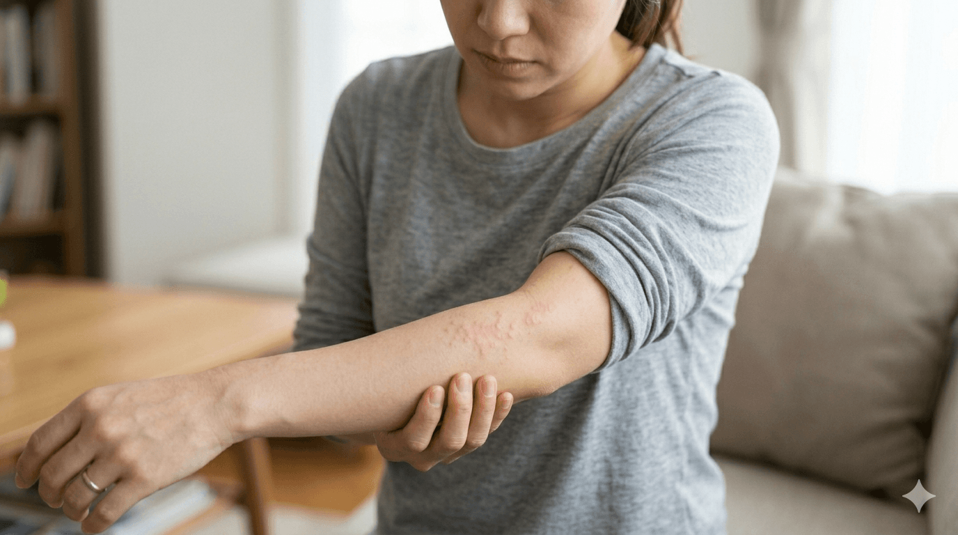 腕の軽い発疹を見つけて状態を確認している様子